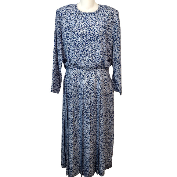 Talbots Dress Blue Floral Dropwaist Pleated Midi Long Sleeves Button Back 12 - Picture 5 of 14